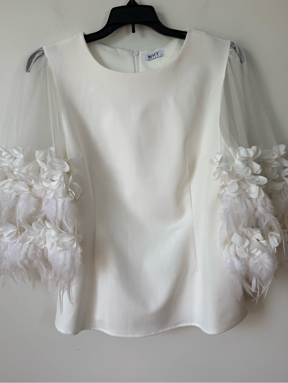 Why Dress Ivory White Feather Sleeve Old Money Mob Wife Festival Top Size Large